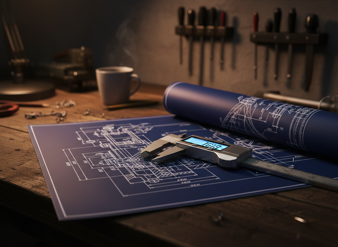Engineering drawing with measuring tools